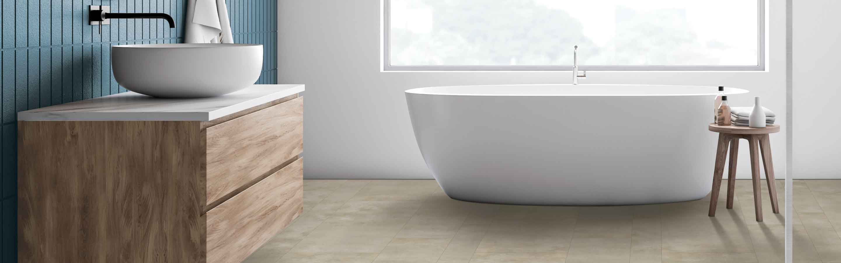 Bathroom with vinyl and freestanding tub